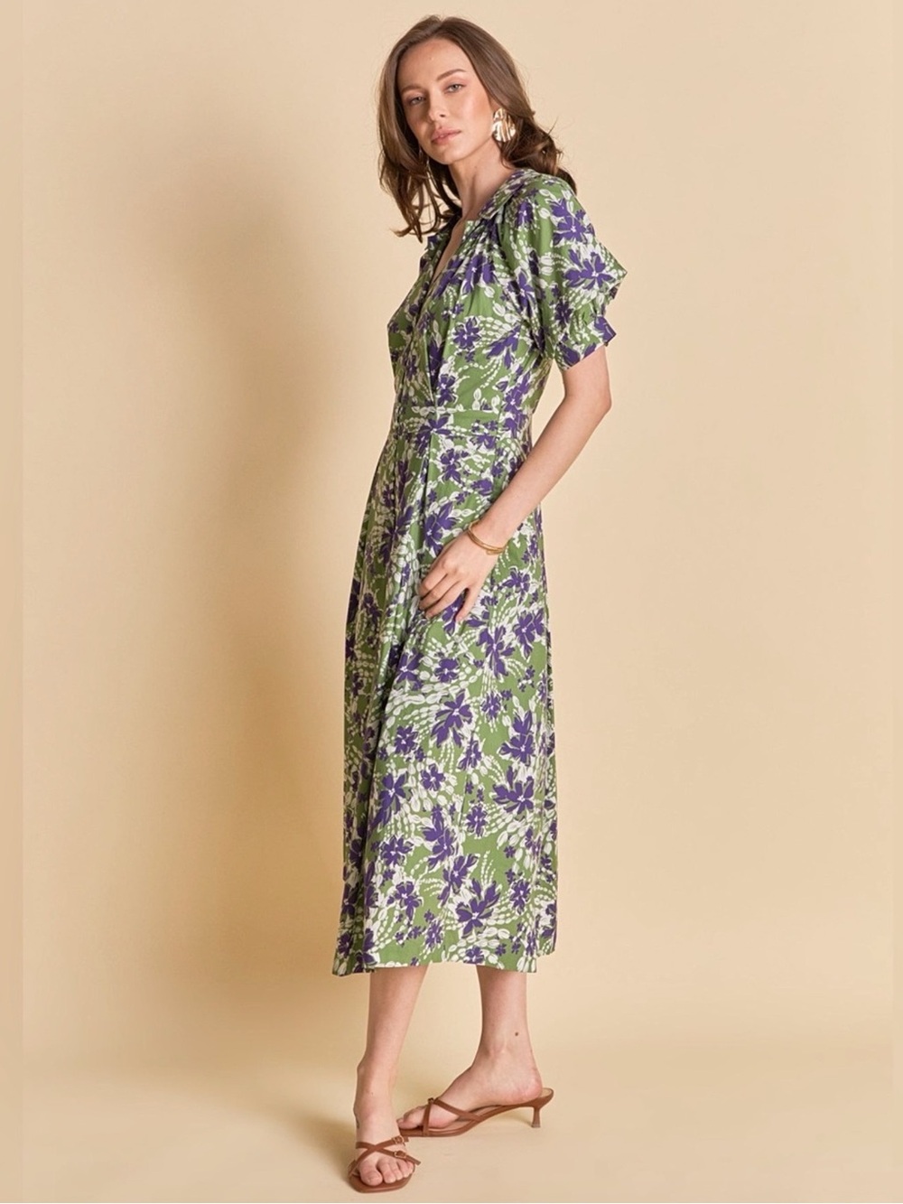NWT English Factory Green Purple Floral Printed Midi Dress Size Small